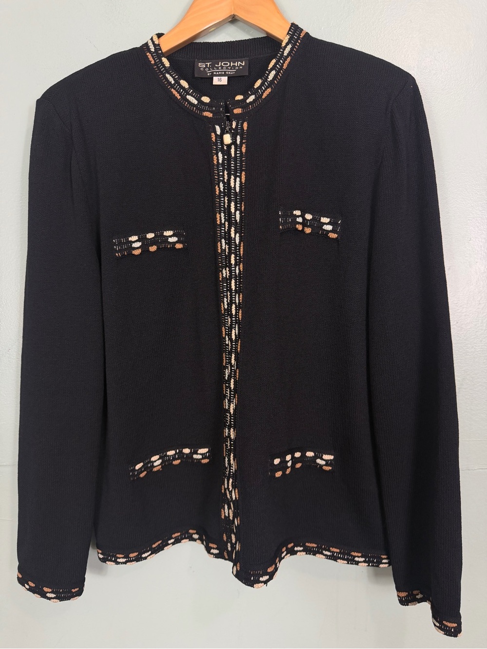 St. John Collection Knit Wool Jacket Full Zip Black Multi Women Size 16